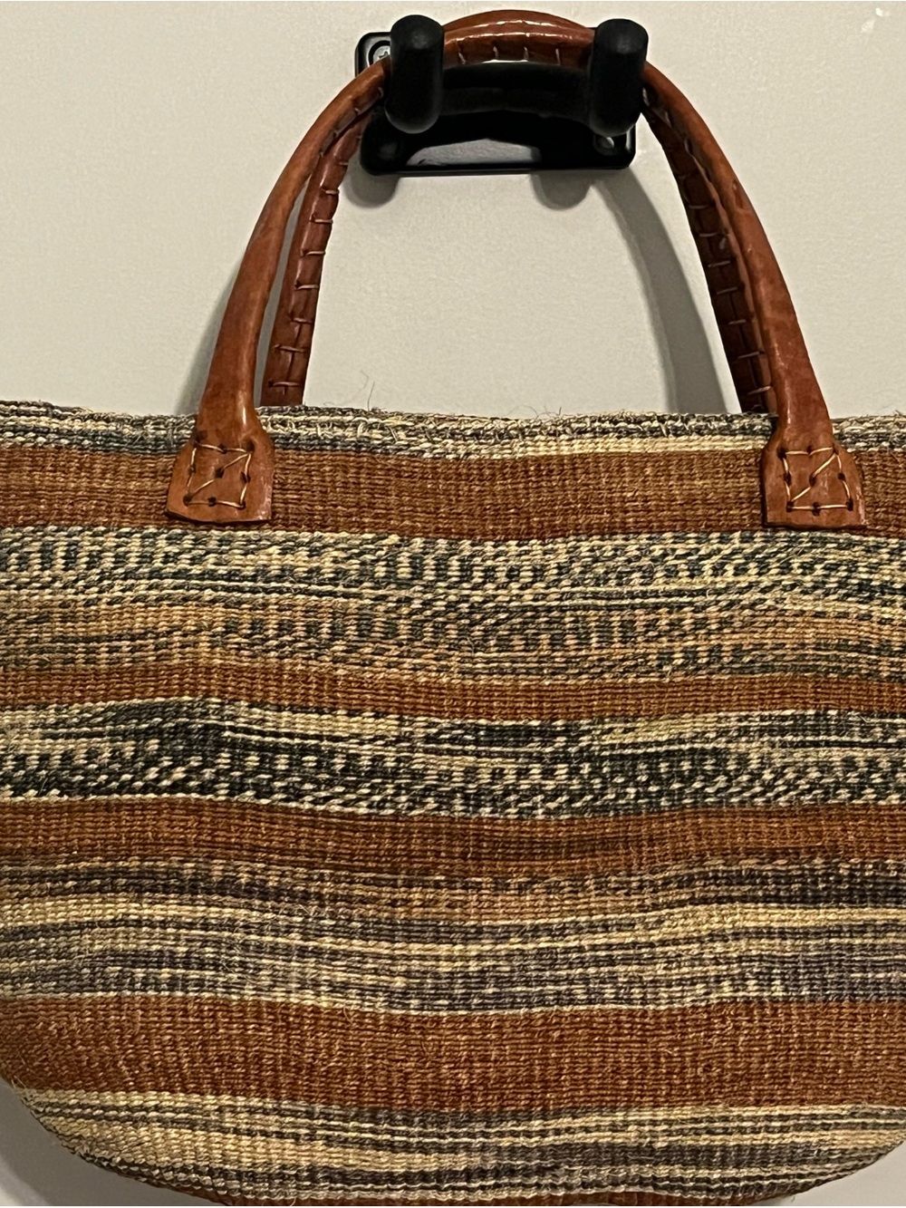 Woven Striped Tote Bag with Brown Leather Handles